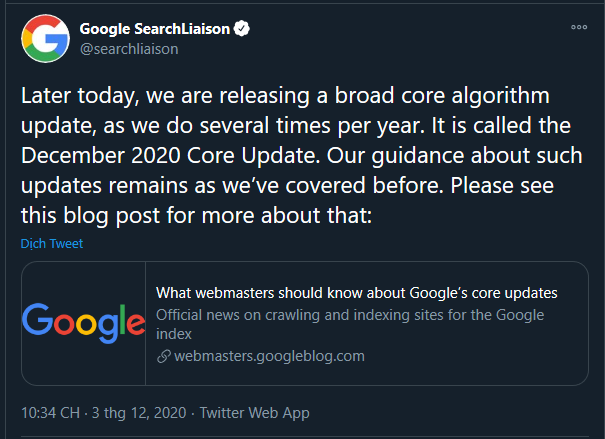 Google cập nhật thuật toán cốt lõi vào 03/12/2020